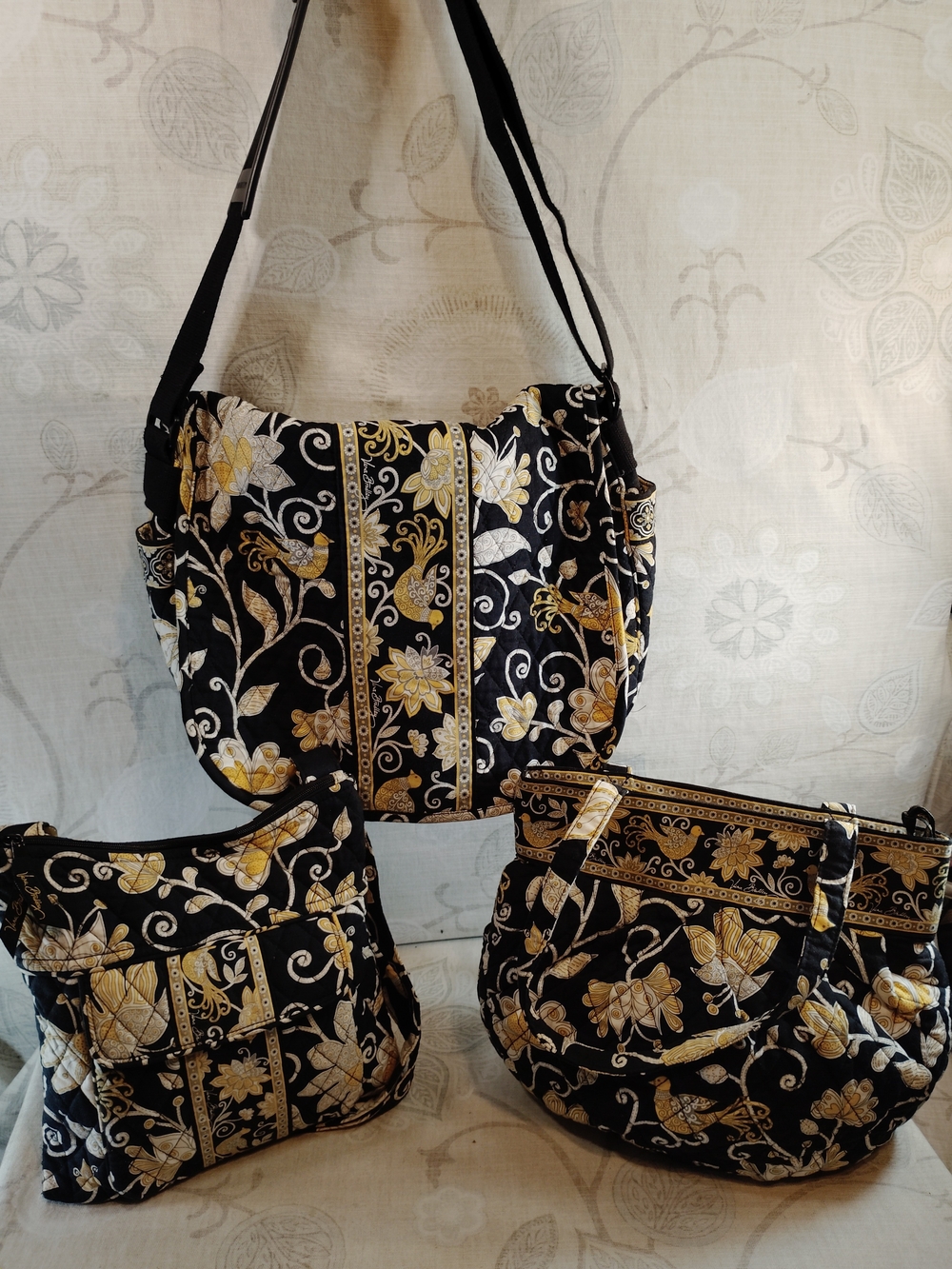 Vera Bradley 3pc Black & Yellow Quilted Bag Set  w/Floral Print